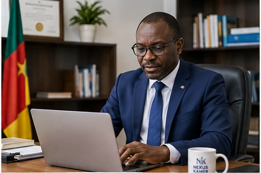 African principal in a modern school office, working at a laptop