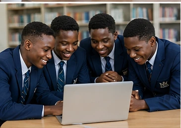 Wide shot of a modern African school campus or assembly