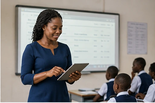 African teacher using a tablet or laptop while teaching a class